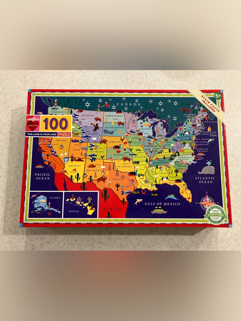 Eeboo 100 Piece USA Map Puzzle "This Land Is Your Land" - Large Sized Pieces